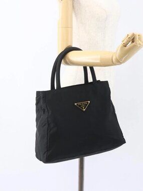 PRADA Hand Bag Nylon Black Gold